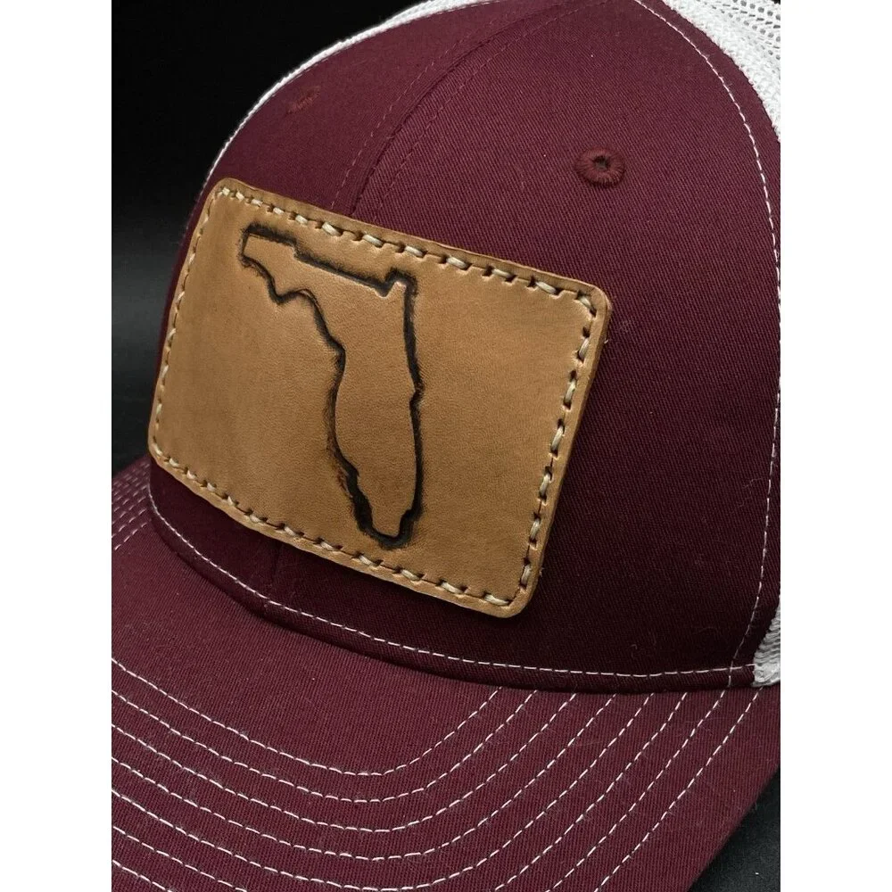 Richardson 112 Florida Leather Patch Trucker Hat Maroon White Mesh Cap NEW